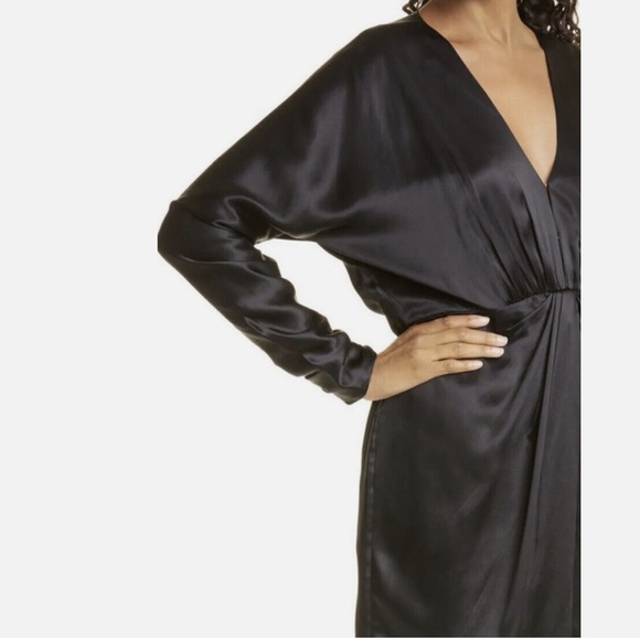 rag & bone Black Silk Satin "Eloise" Gathered Ruched V Front Mini Dress - Picture 9 of 14